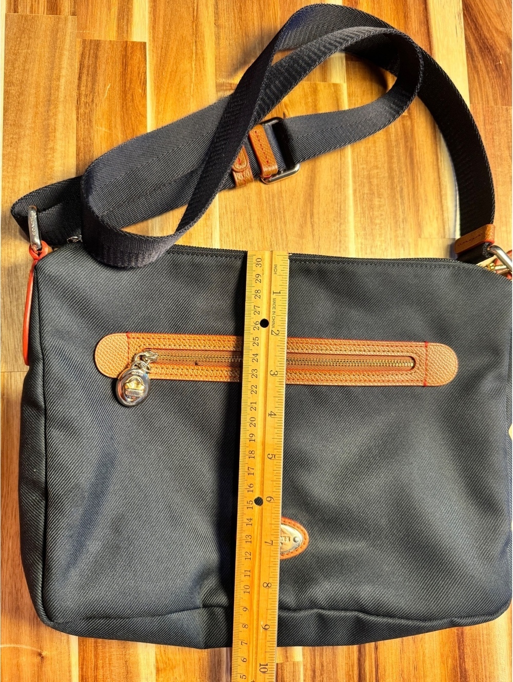 Coach Navy Blue Nylon Crossbody Bag with Brown Leather Trim and Adjustable Strap - Picture 3 of 8